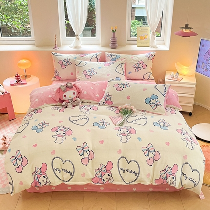 91家纺网 家纺一手货源 找家纺 （总）金爱家2023正版三丽鸥授权卡通加厚高克重牛奶绒四件套
