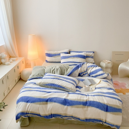 潘朵拉 2023新款秋冬ins韩风专版印花保暖兔兔毛绒四件套 清欢（蓝）