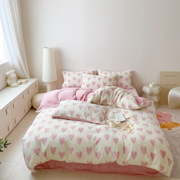 91家纺网 家纺一手货源 找家纺 潘朵拉 2023新款秋冬ins韩风专版印花保暖兔兔毛绒四件套 与你（粉）