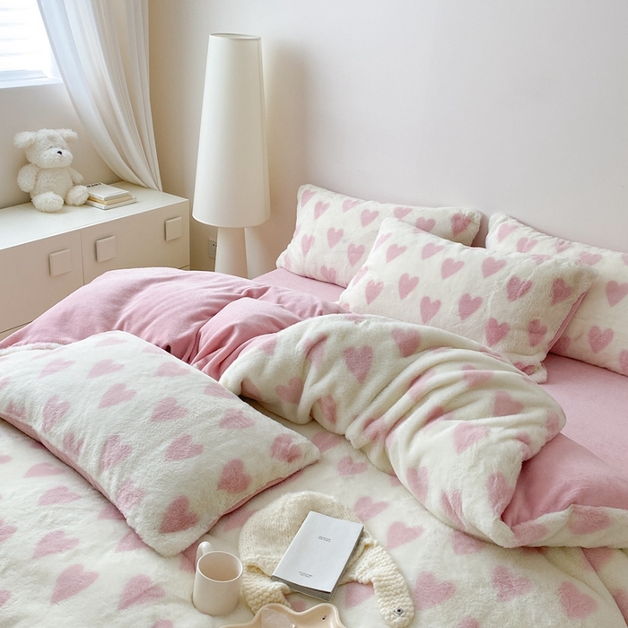 91家纺网 家纺一手货源 找家纺 潘朵拉 2023新款秋冬ins韩风专版印花保暖兔兔毛绒四件套 与你（粉）