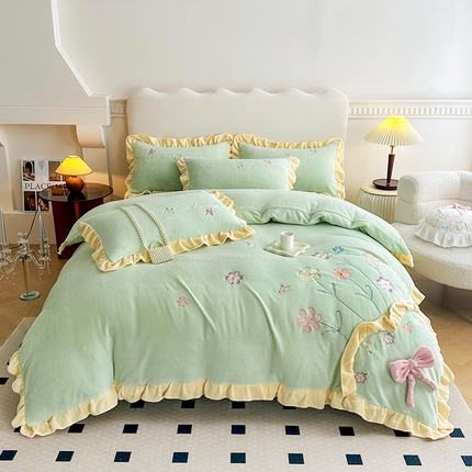 可以家居 2023新款牛奶绒绣花花边款四件套心花怒放 新芽绿