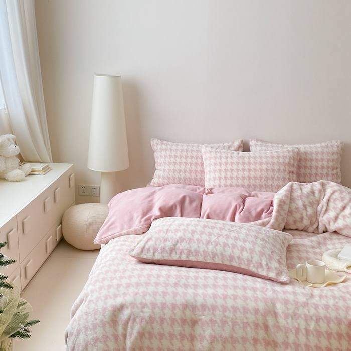 91家纺网 家纺一手货源 找家纺 潘朵拉 2023新款秋冬ins韩风专版印花保暖兔兔毛绒四件套 乔安（粉）