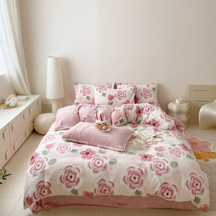 91家纺网 家纺一手货源 找家纺 潘朵拉 2023新款秋冬ins韩风专版印花保暖兔兔毛绒四件套 半眠