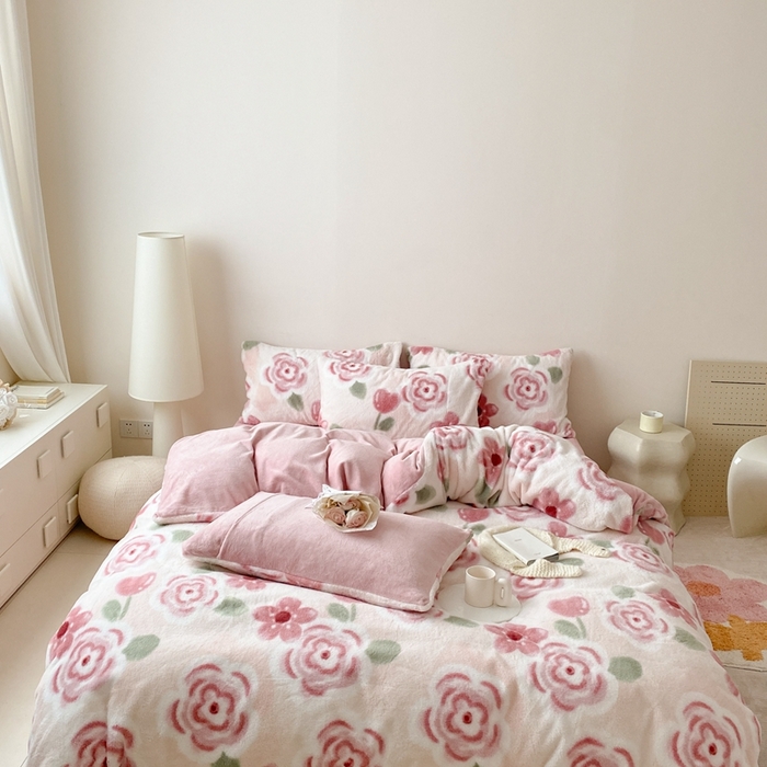 91家纺网 家纺一手货源 找家纺 潘朵拉 2023新款秋冬ins韩风专版印花保暖兔兔毛绒四件套 半眠