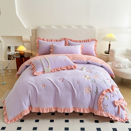 可以家居 2023新款牛奶绒绣花花边款四件套心花怒放 蔷薇紫