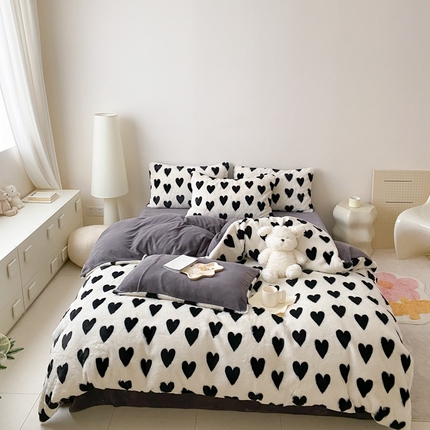 潘朵拉 2023新款秋冬ins韩风专版印花保暖兔兔毛绒四件套 与你（灰）