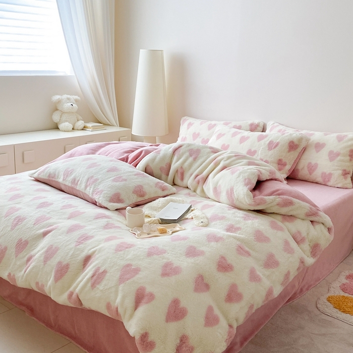 91家纺网 家纺一手货源 找家纺 潘朵拉 2023新款秋冬ins韩风专版印花保暖兔兔毛绒四件套 与你（粉）