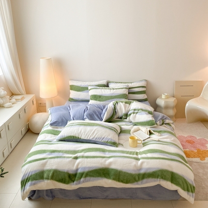 潘朵拉 2023新款秋冬ins韩风专版印花保暖兔兔毛绒四件套 清欢（绿）