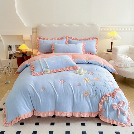 可以家居 2023新款牛奶绒绣花花边款四件套心花怒放 梵星蓝