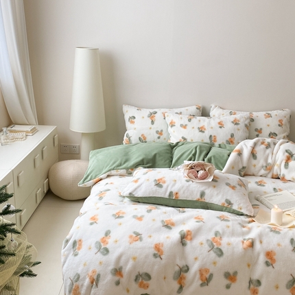 91家纺网 家纺一手货源 找家纺 潘朵拉 2023新款秋冬ins韩风专版印花保暖兔兔毛绒四件套 梨花