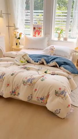 91家纺网 家纺一手货源 找家纺 居易简 2025新款水洗棉双层纱豆豆被 兔sweet