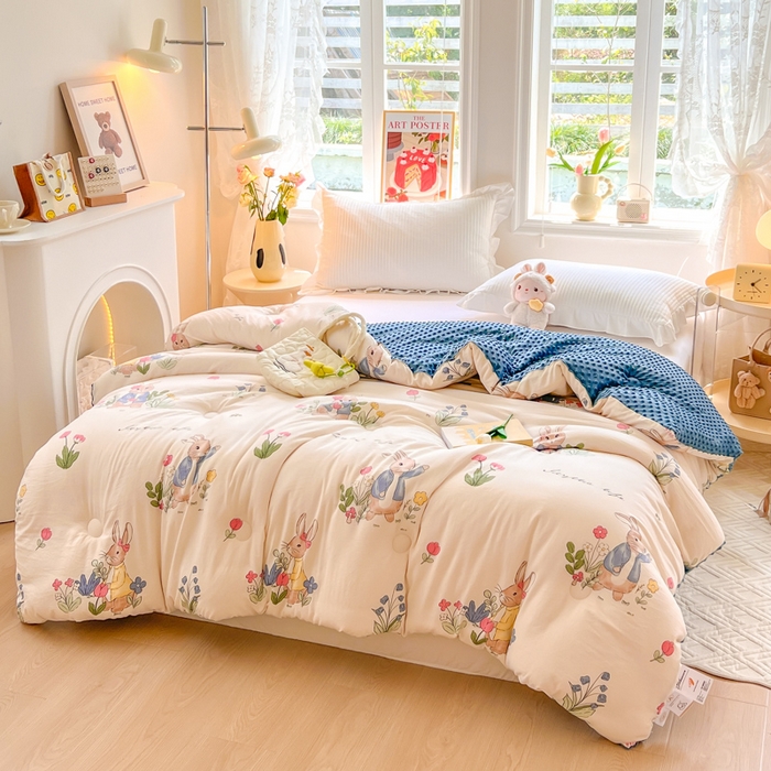 91家纺网 家纺一手货源 找家纺 居易简 2025新款水洗棉双层纱豆豆被 兔sweet