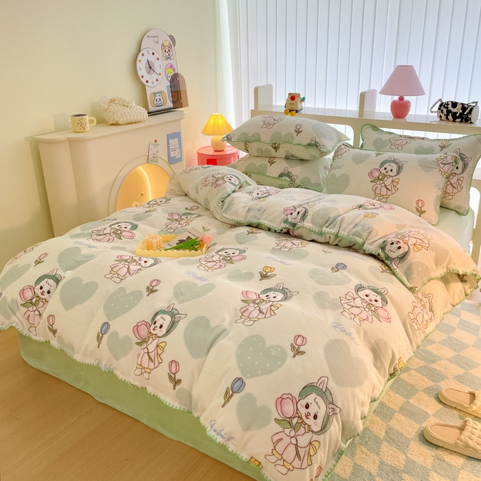 91家纺网 家纺一手货源 找家纺 安哆啦家纺 2024新款牛奶绒三角针四件套 心花怒放