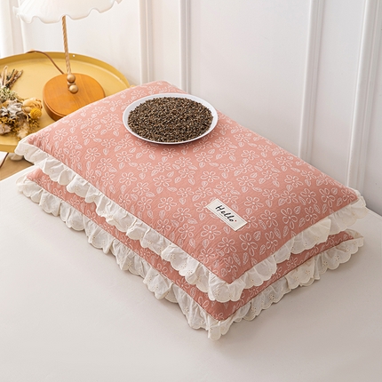 91家纺网 家纺一手货源 找家纺 （总）织布人 2023新款荞麦枕全棉双层纱蕾丝花边全荞麦枕头护颈硬枕芯-水仙