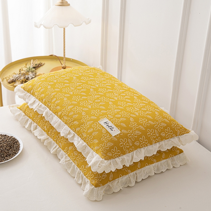 91家纺网 家纺一手货源 找家纺 织布人 2023新款荞麦枕全棉双层纱蕾丝花边全荞麦枕头护颈硬枕芯-水仙 水仙-浅黄