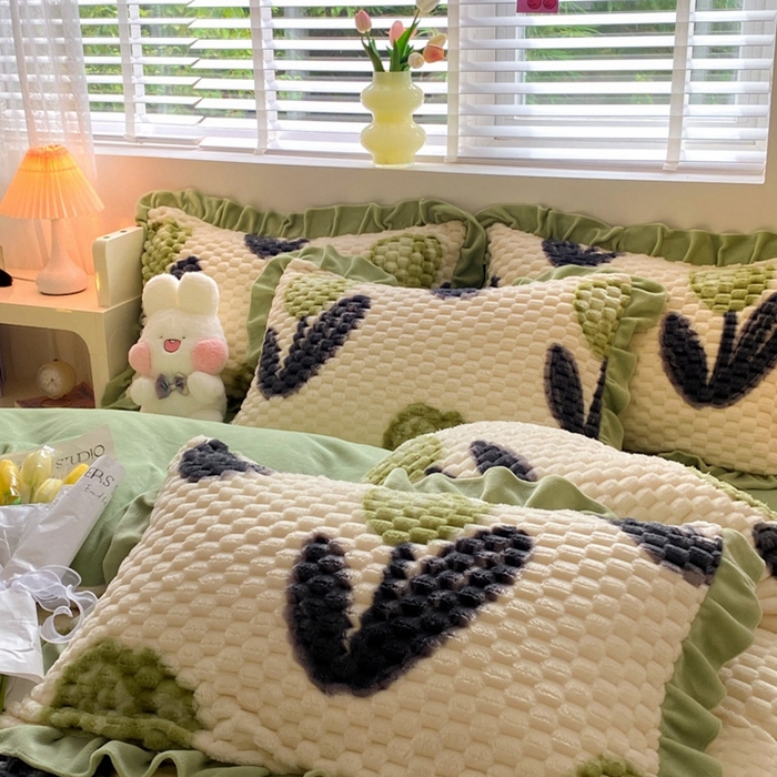 91家纺网 家纺一手货源 找家纺 星座 2025新款豆豆绒金龟绒四件套 郁金香绿