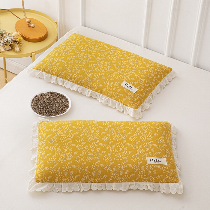 91家纺网 家纺一手货源 找家纺 织布人 2023新款荞麦枕全棉双层纱蕾丝花边全荞麦枕头护颈硬枕芯-水仙 水仙-浅黄