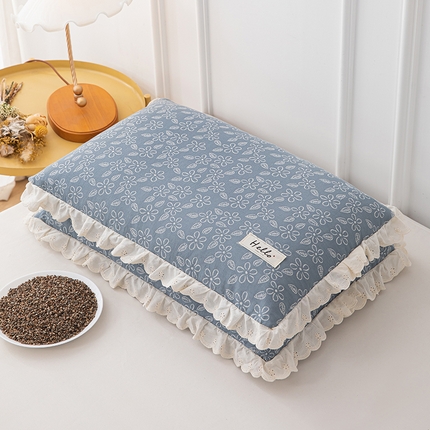 织布人 2023新款荞麦枕全棉双层纱蕾丝花边全荞麦枕头护颈硬枕芯-水仙 水仙-宝兰