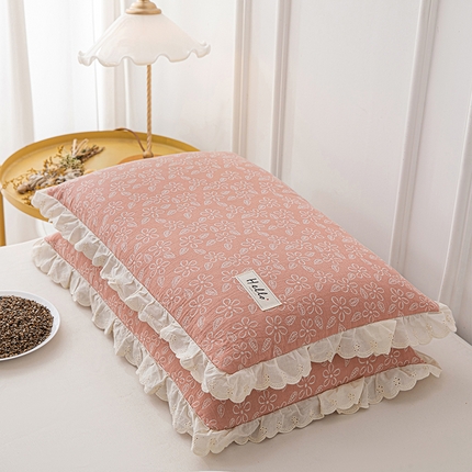织布人 2023新款荞麦枕全棉双层纱蕾丝花边全荞麦枕头护颈硬枕芯-水仙 水仙-粉色