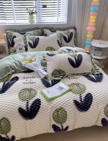 91家纺网 家纺一手货源 找家纺 星座 2025新款豆豆绒金龟绒四件套 郁金香绿