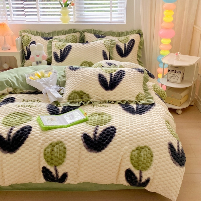 91家纺网 家纺一手货源 找家纺 星座 2025新款豆豆绒金龟绒四件套 郁金香绿