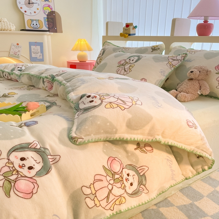 91家纺网 家纺一手货源 找家纺 安哆啦家纺 2024新款牛奶绒三角针四件套 心花怒放