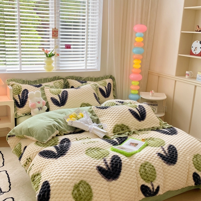 91家纺网 家纺一手货源 找家纺 星座 2025新款豆豆绒金龟绒四件套 郁金香绿