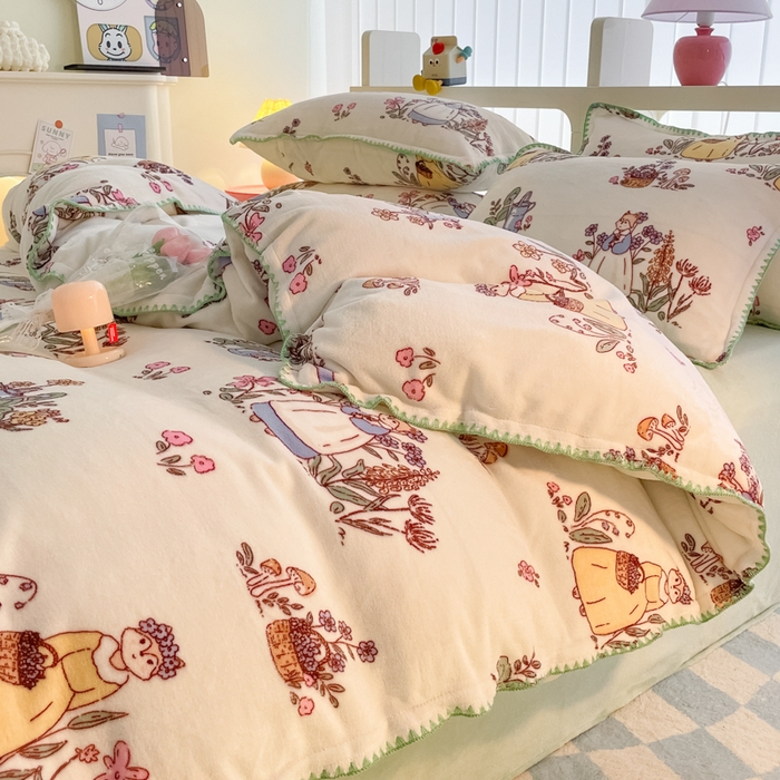 91家纺网 家纺一手货源 找家纺 安哆啦家纺 2024新款牛奶绒三角针四件套 狐狸小姐的花园