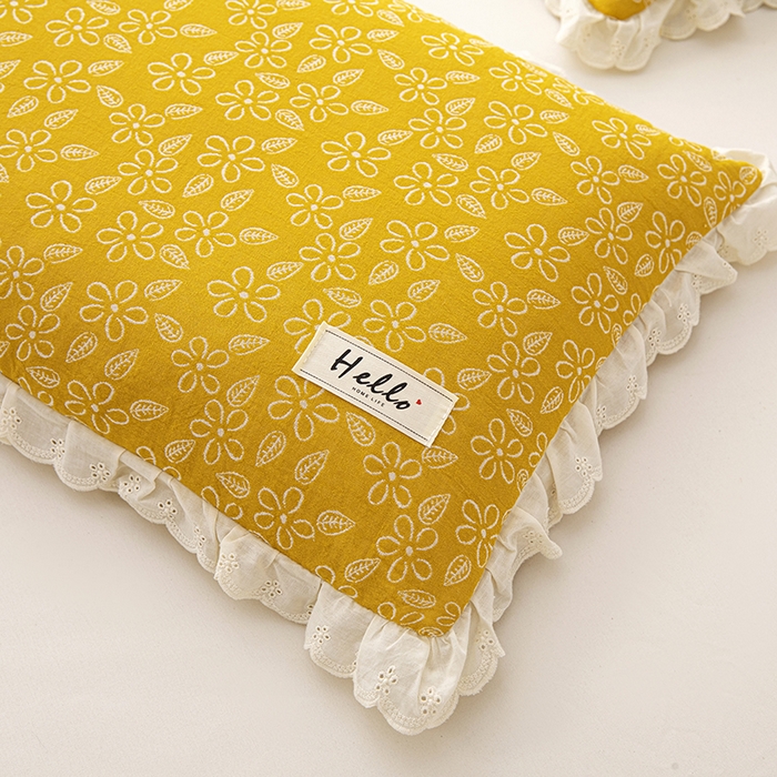 91家纺网 家纺一手货源 找家纺 织布人 2023新款荞麦枕全棉双层纱蕾丝花边全荞麦枕头护颈硬枕芯-水仙 水仙-浅黄