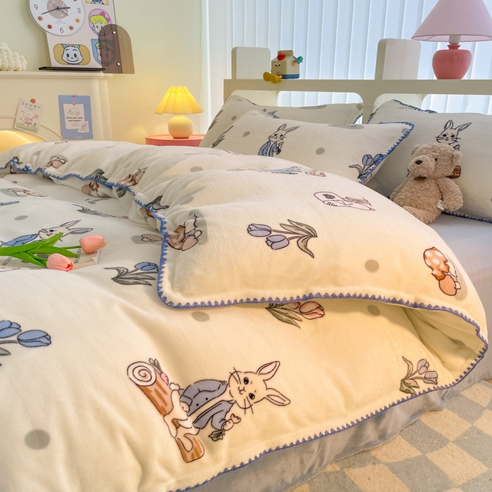 91家纺网 家纺一手货源 找家纺 安哆啦家纺 2024新款牛奶绒三角针四件套 兔八哥