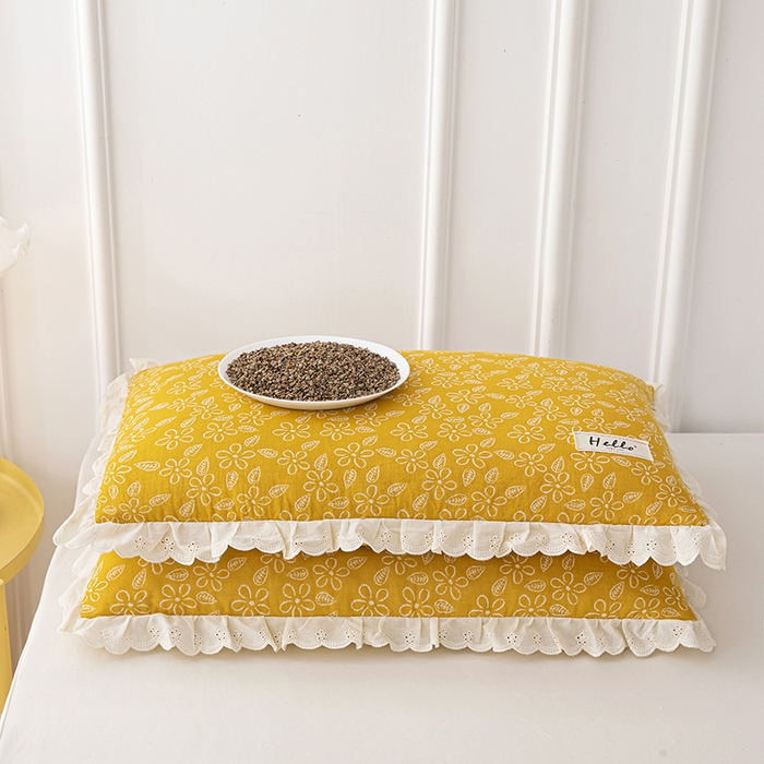 91家纺网 家纺一手货源 找家纺 织布人 2023新款荞麦枕全棉双层纱蕾丝花边全荞麦枕头护颈硬枕芯-水仙 水仙-浅黄