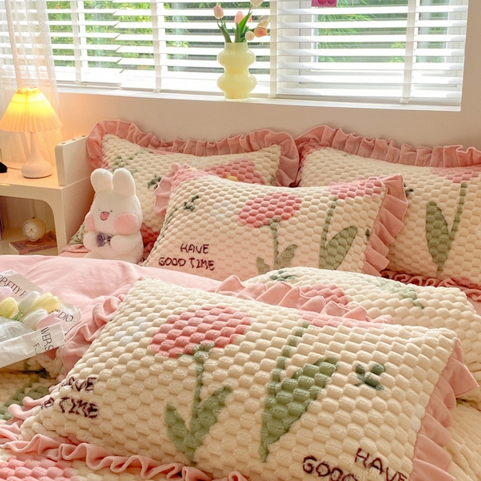 91家纺网 家纺一手货源 找家纺 星座 2025新款豆豆绒金龟绒四件套 粉郁金香