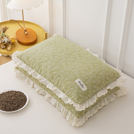 织布人 2023新款荞麦枕全棉双层纱蕾丝花边全荞麦枕头护颈硬枕芯-水仙 水仙-茶绿