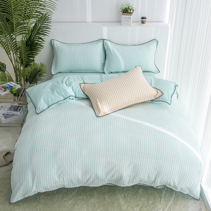 91家纺网 家纺一手货源 找家纺 栩裕纺织 2025新款全棉水洗棉提花四件套经典斜纹款 经典条纹-兰