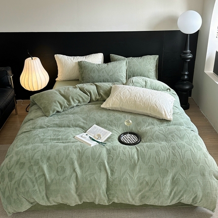 91家纺网 家纺一手货源 找家纺 六巷胡同 2023新款少女心ins郁金香牛奶绒四件套 郁金香-山岚绿