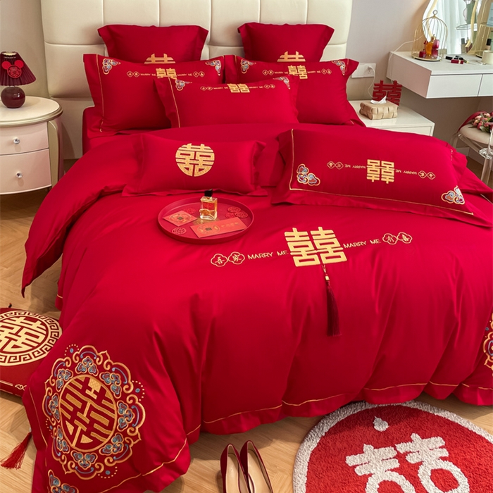 91家纺网 家纺一手货源 找家纺 欧乐蒂 2025新款亲肤棉刺绣婚庆四件套 吾家有喜