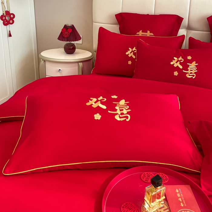 91家纺网 家纺一手货源 找家纺 欧乐蒂 2025新款亲肤棉刺绣婚庆四件套 欢喜