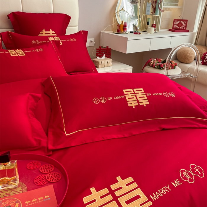 91家纺网 家纺一手货源 找家纺 欧乐蒂 2025新款亲肤棉刺绣婚庆四件套 早生贵子