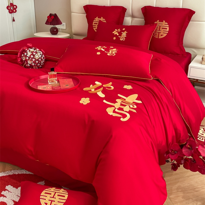 91家纺网 家纺一手货源 找家纺 欧乐蒂 2025新款亲肤棉刺绣婚庆四件套 欢喜