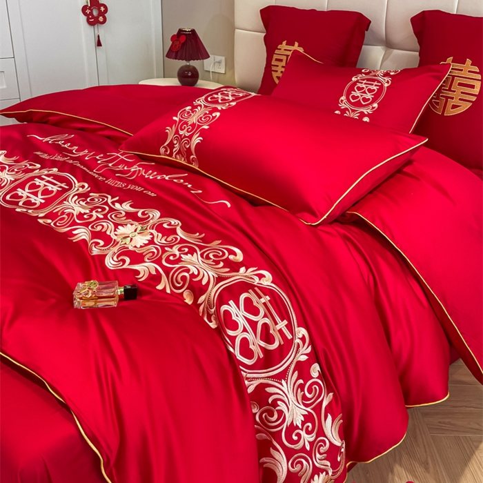 91家纺网 家纺一手货源 找家纺 欧乐蒂 2025新款亲肤棉刺绣婚庆四件套 喜结连理