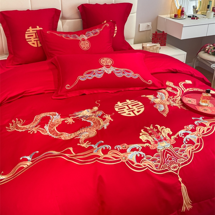 91家纺网 家纺一手货源 找家纺 欧乐蒂 2025新款亲肤棉刺绣婚庆四件套 龙凤祥瑞