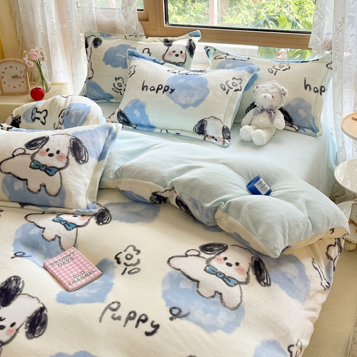 91家纺网 家纺一手货源 找家纺 慕澄家纺 2023新款小清新牛奶绒印花四件套 趣味狗