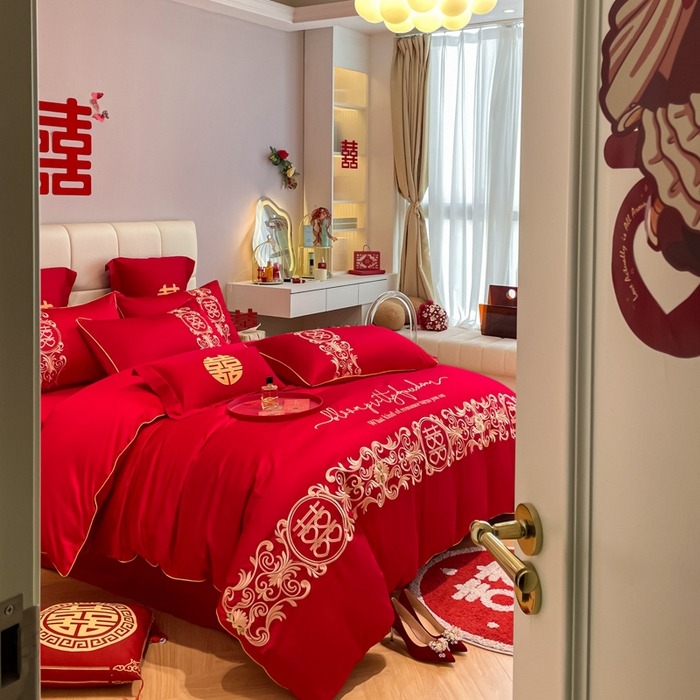 91家纺网 家纺一手货源 找家纺 欧乐蒂 2025新款亲肤棉刺绣婚庆四件套 喜结连理