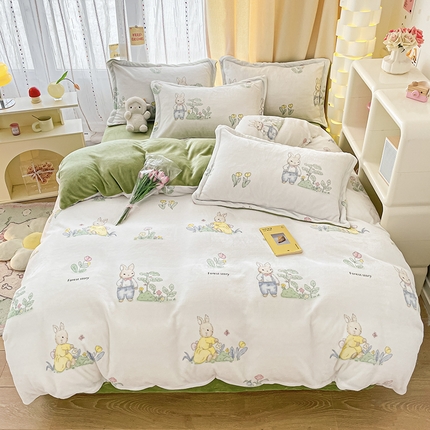 91家纺网 家纺一手货源 找家纺 大元 2025新款标准7.2斤小清新印花款牛奶绒四件套 花丛兔