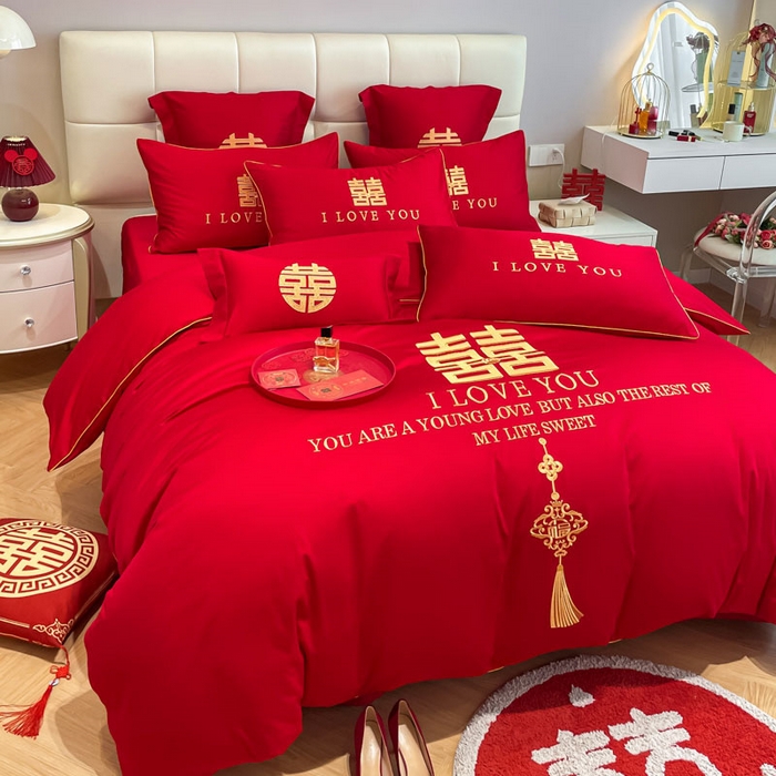 91家纺网 家纺一手货源 找家纺 欧乐蒂 2025新款亲肤棉刺绣婚庆四件套 今生今世