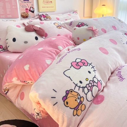 91家纺网 家纺一手货源 找家纺 暮思 2023新款三丽鸥正版授权高克重加厚保暖牛奶绒四件套 粉波点凯蒂