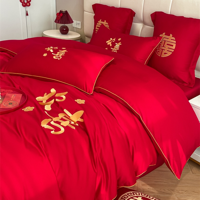 91家纺网 家纺一手货源 找家纺 欧乐蒂 2025新款亲肤棉刺绣婚庆四件套 欢喜