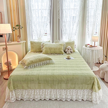 宜凡家纺 2023新款宜凡-高克重兔绒牛奶绒床盖三件套 方格纹-艾草绿