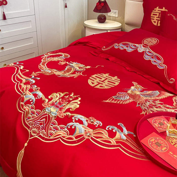 91家纺网 家纺一手货源 找家纺 欧乐蒂 2025新款亲肤棉刺绣婚庆四件套 龙凤祥瑞