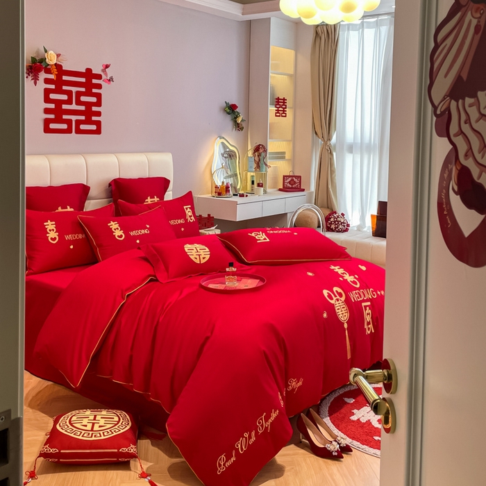 91家纺网 家纺一手货源 找家纺 欧乐蒂 2025新款亲肤棉刺绣婚庆四件套 喜愿